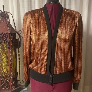 Women’s Orange Houndstooth Bomber/ cardigan style Jacket with Black Trim